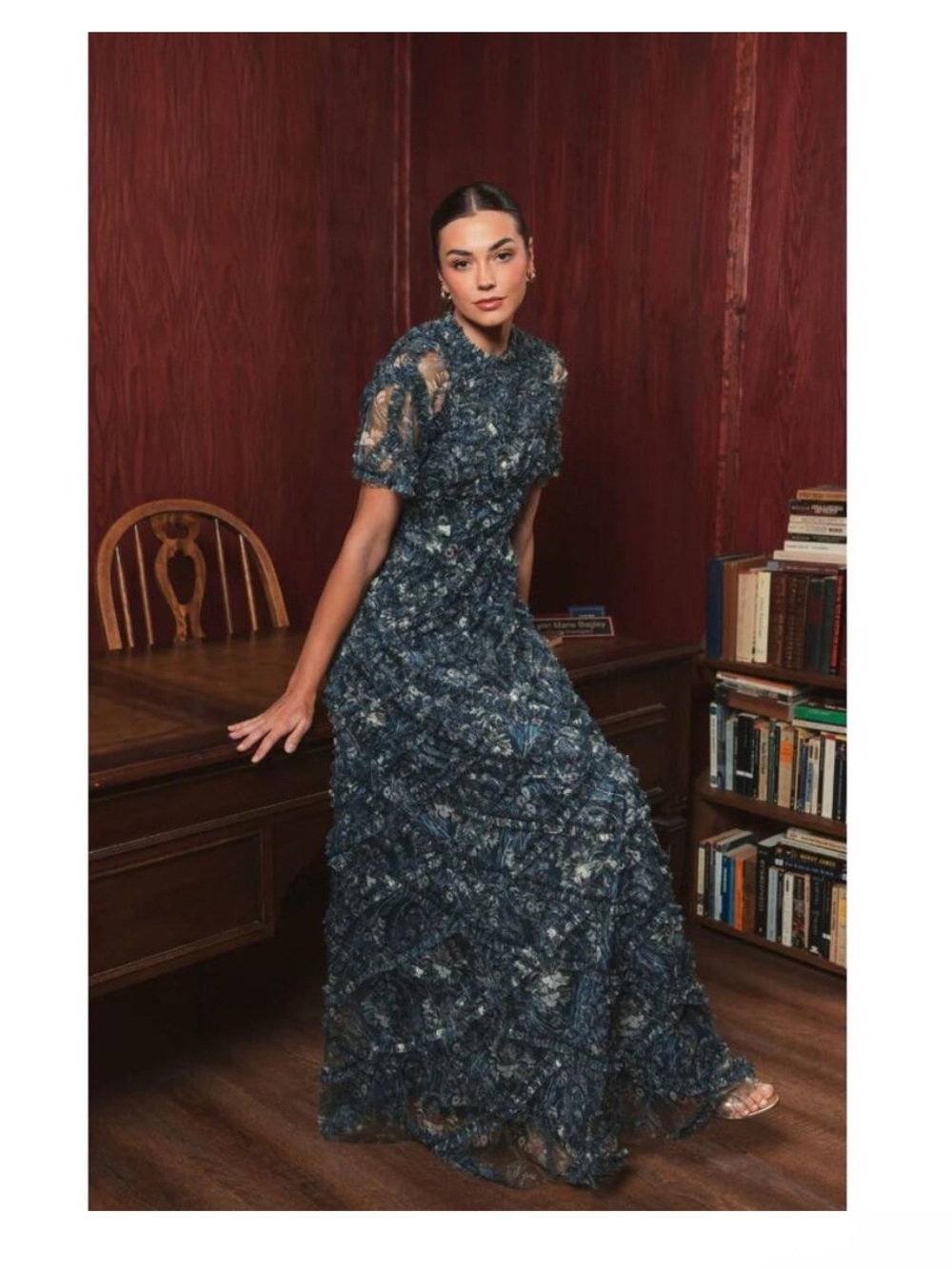 Mac Duggal Navy Floral Lace Maxi Gown